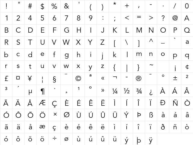 Avenir LT Std 45 Book  glyph index