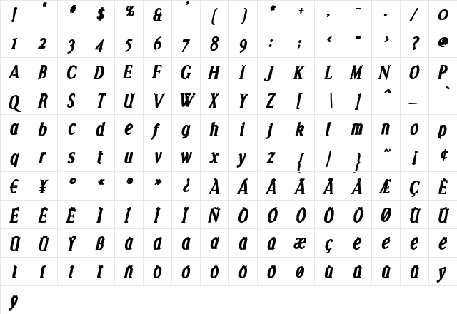 Effloresce Ink Italic  glyph index