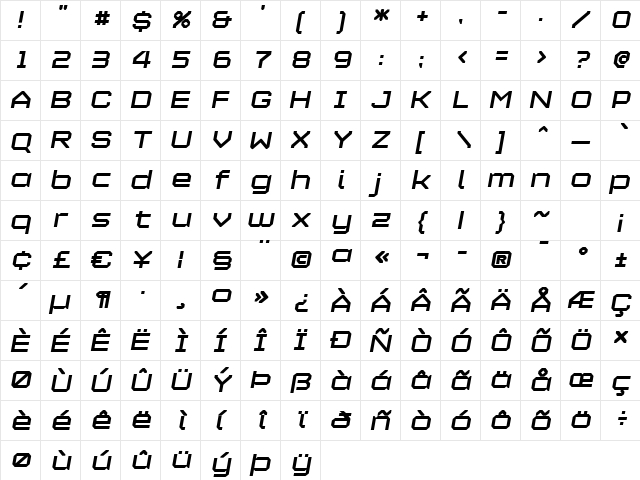 Maetl BoldOblique  glyph index