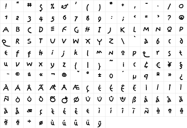 JonasSplint Regular  glyph index