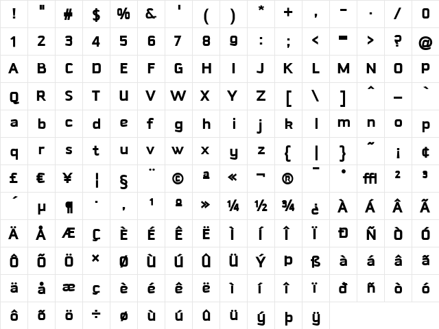 Downtempo Regular  glyph index