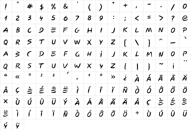 Carybe Regular  glyph index