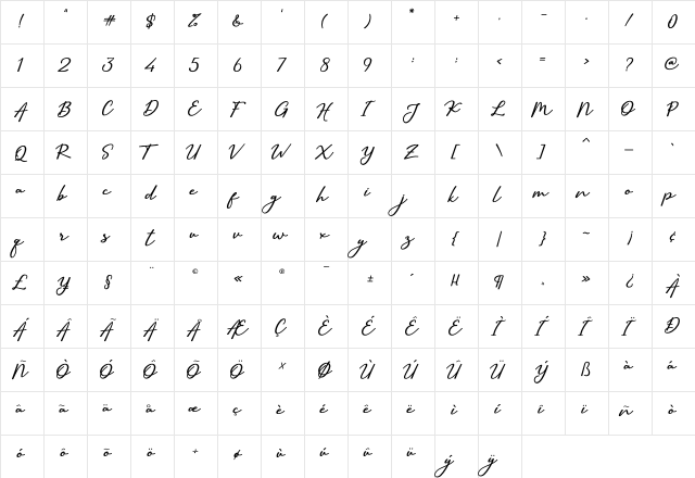 Sallim Signature Regular  glyph index