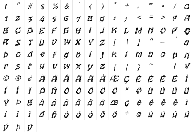 Woodcut-Cracked Italic  glyph index