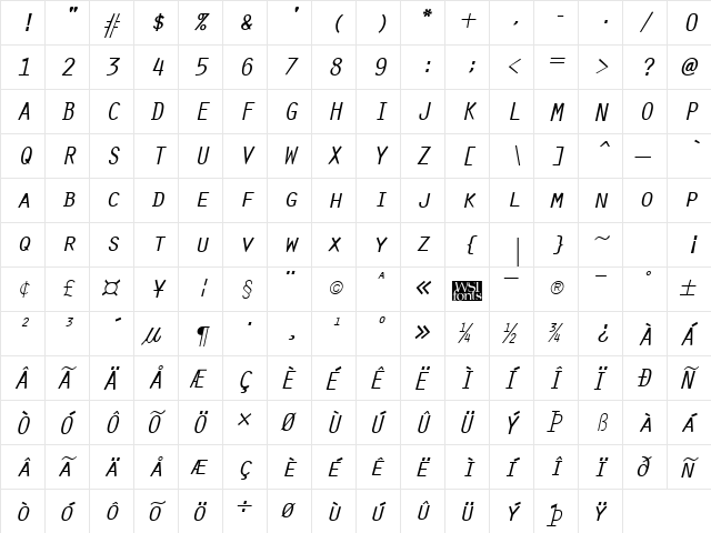 Oracle Italic  glyph index