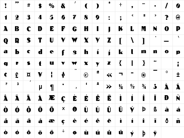 ConstantineCondensed Normal  glyph index