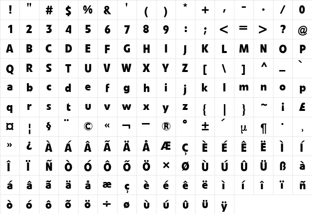 Evo BQ Bold  glyph index