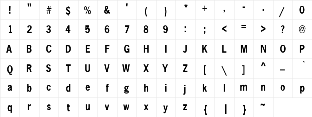 NewsGothicCnd-B Regular  glyph index