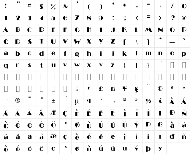 BD Miami Regular  glyph index