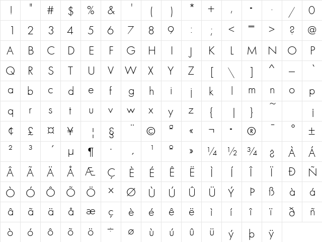 Fuschia Light Regular  glyph index