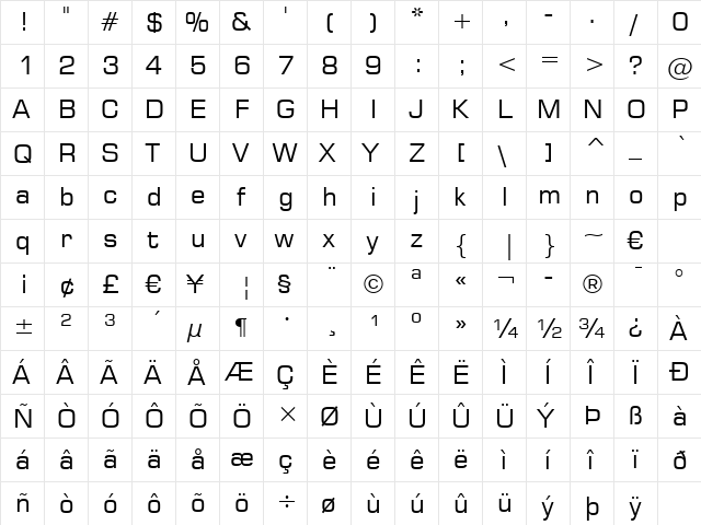 Square721 BT Roman  glyph index