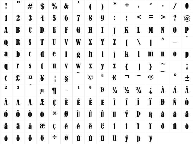 Bernard MT Condensed Regular  glyph index