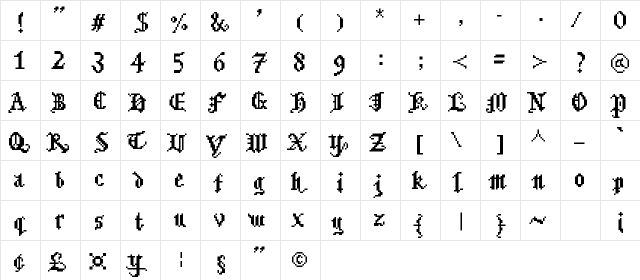 Bitmgothic Medium  glyph index