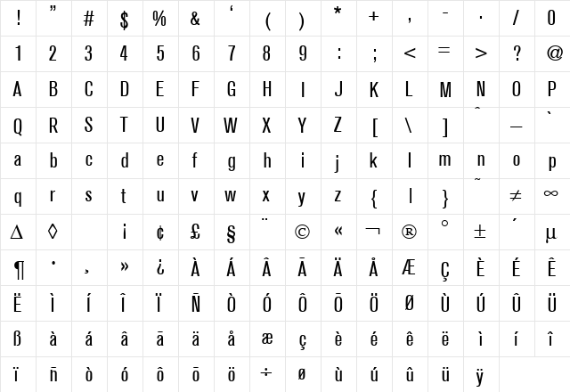 AkzentCond DB Regular  glyph index