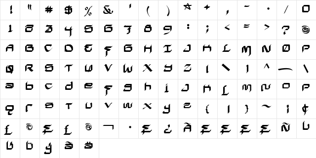 Califas-Wide Regular  glyph index