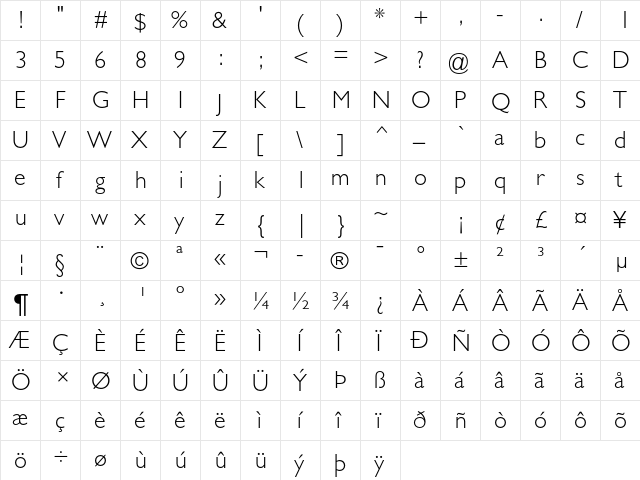Gill Sans Std Light  glyph index
