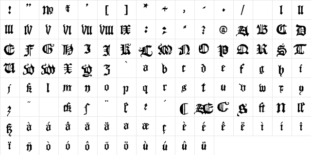 Blackletter HPLHS  glyph index