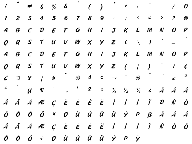 JMH Pulp Paperback Regular  glyph index