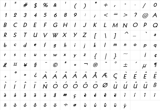 Geo 112 Bold Italic  glyph index