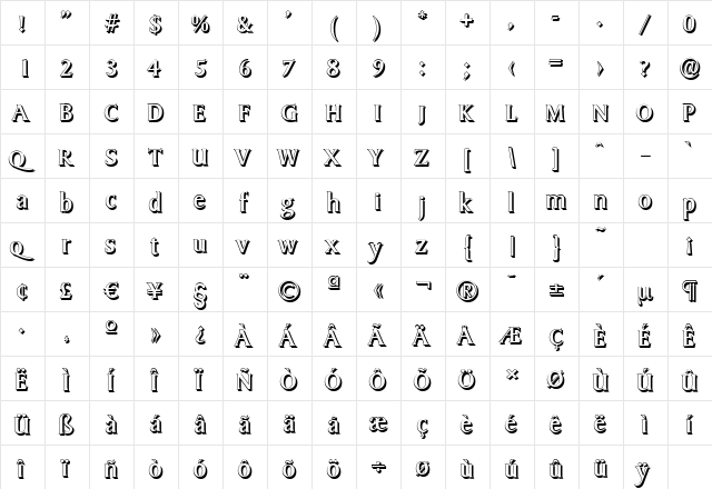 SydneyShadow Regular  glyph index