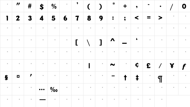 DundeeExBoldTab Regular  glyph index