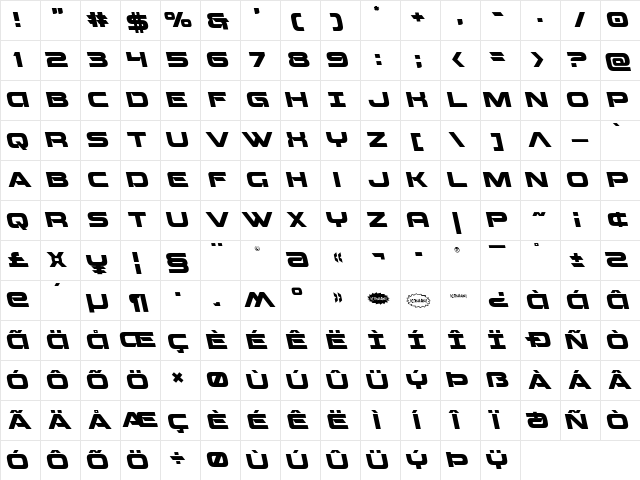 Beam Weapon Leftalic Italic  glyph index