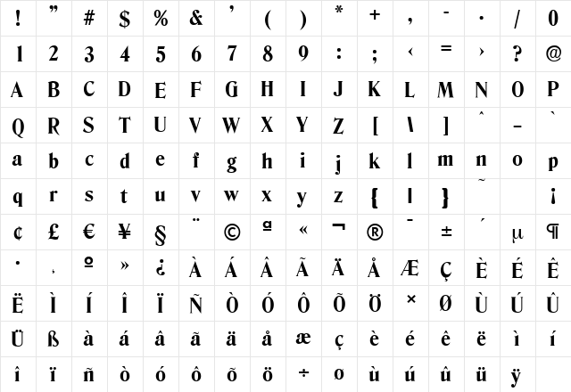 DenverSerial-Xbold Regular  glyph index