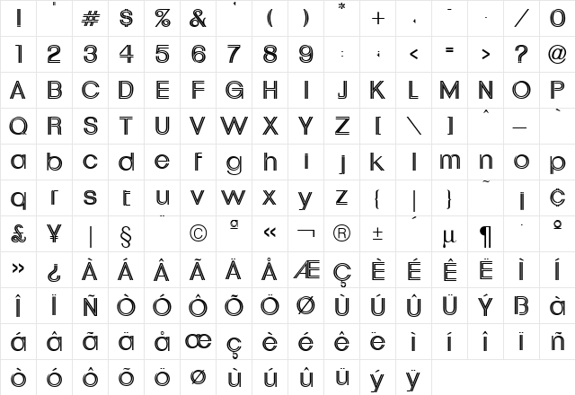 Uptight Neon Regular  glyph index