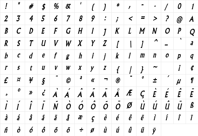 Flair Thin Bold Italic  glyph index