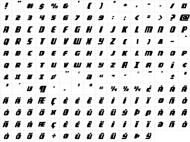 Camp Justice Expanded Italic Expanded Italic  glyph index