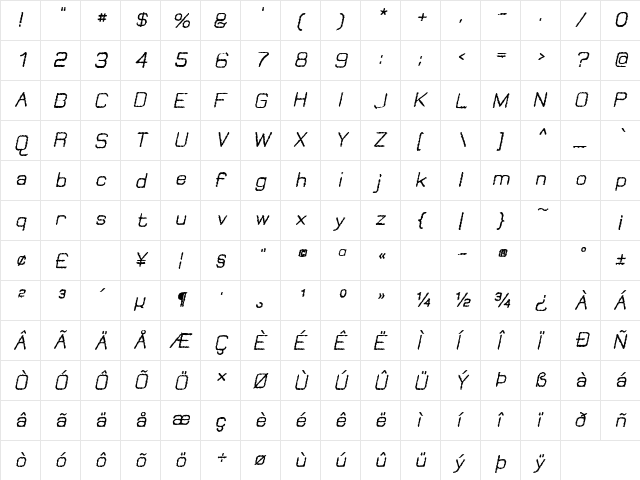 Jungle Burnout 1 Regular  glyph index