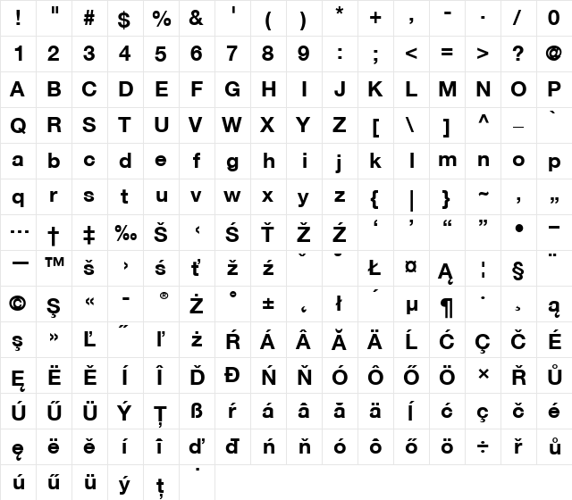 Helvetica CE 55 Roman Bold  glyph index