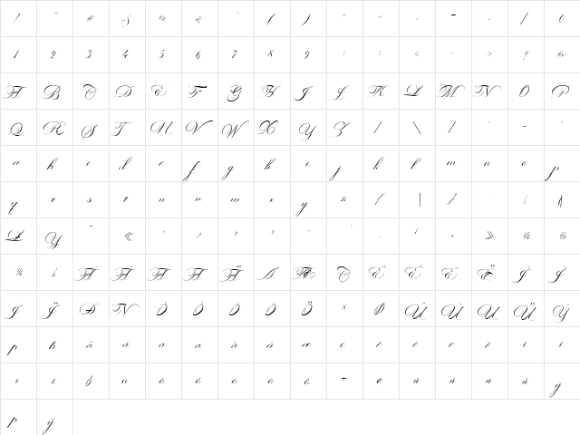 Valetia Script Regular  glyph index