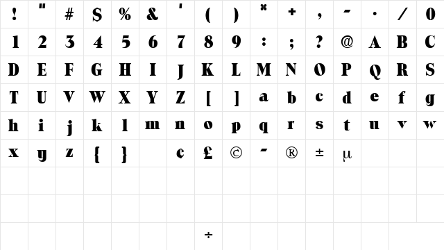 LocuraDisplaySSK Regular  glyph index
