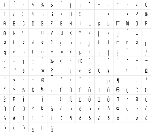 Erinal Narrow Regular  glyph index