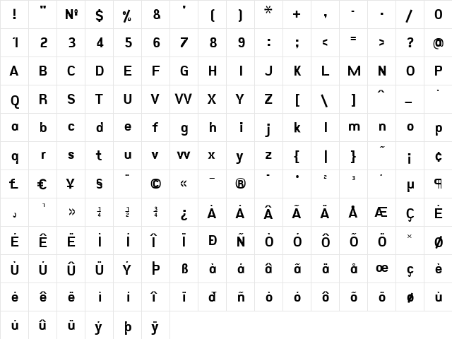 Eunuverse Bold  glyph index