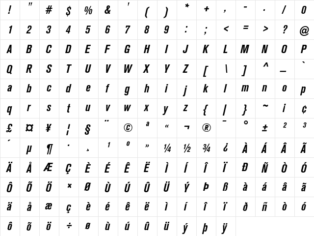 Akzidenz-Grotesk BQ Bold Condensed Italic  glyph index