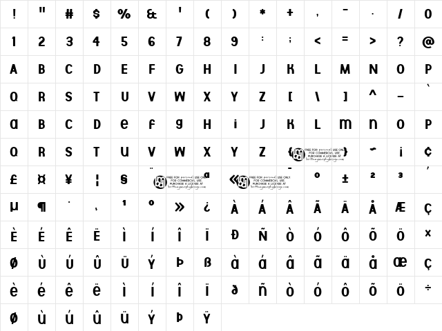 Aberforth Regular  glyph index