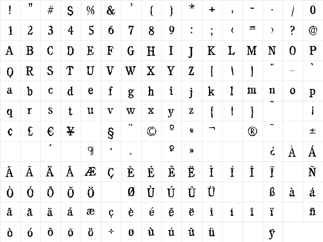 CalgaryRandom Regular  glyph index