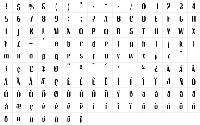 GalaxyCondensed Regular  glyph index