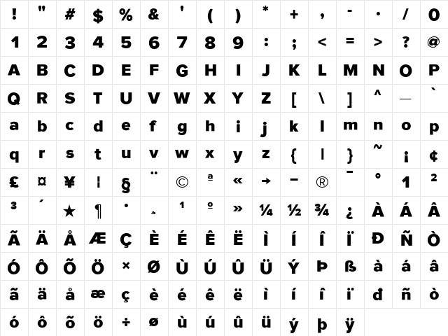 ProximaSansBlack Regular  glyph index