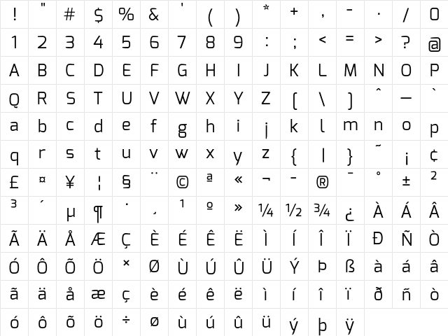 Exo Regular  glyph index