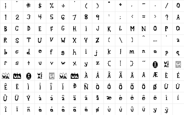 Alpha Dance Regular  glyph index