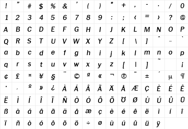 Plymouth-Serial-Medium RegularItalic  glyph index