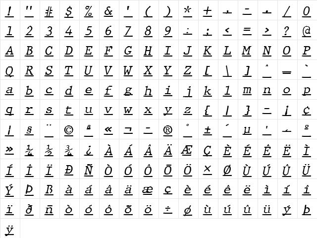 JMH Typewriter mono Under Italic  glyph index