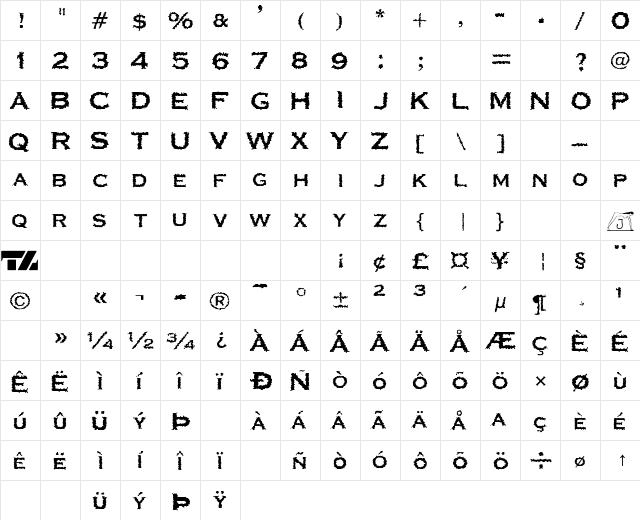 Corrodated J Perished  glyph index