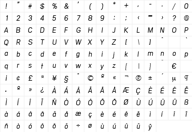 Mercedes-LightIta Regular  glyph index