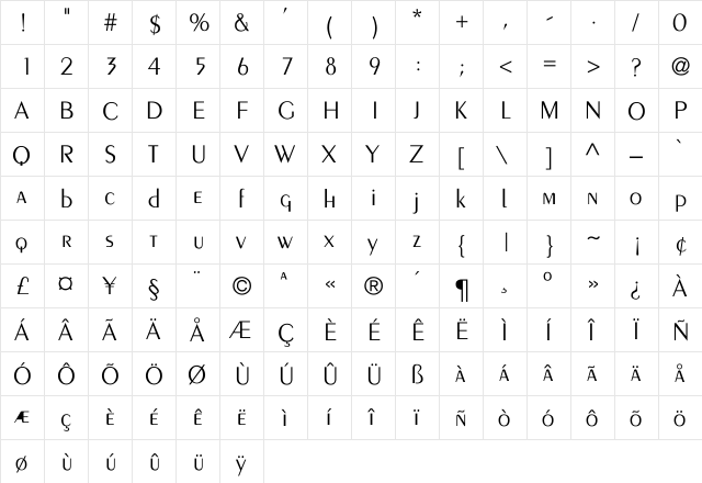 Peignot-Light-Normal Regular  glyph index