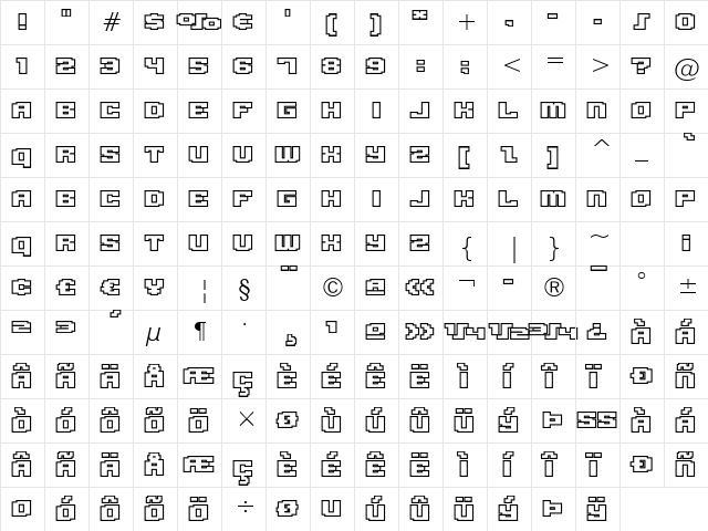 Gargantua BTN Outline Regular  glyph index