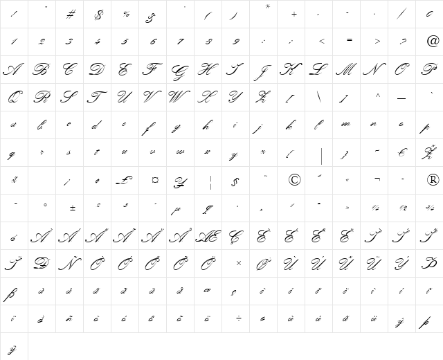 KuenstlerScript LT TwoBold Regular  glyph index